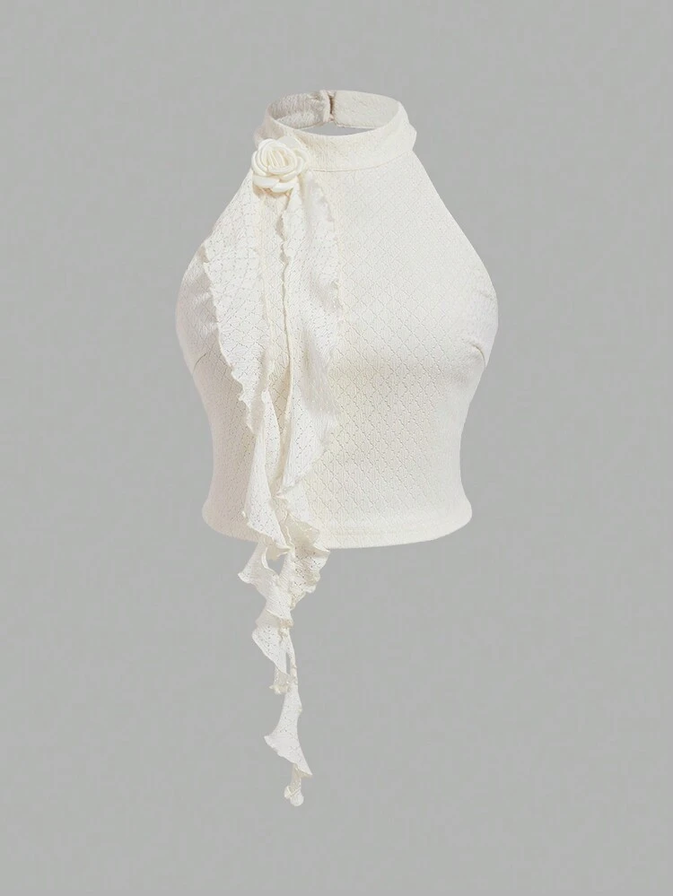 Crop Textured Crop Top With Apricot White Sweet 3D Flowers And Draping Straps Neckline Embellishment For Women