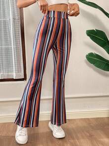 SHEIN Essnce Women's Bohemian Trousers, Comfortable Stretch Flared Trousers,Summer Bottoms,Striped Trousers,Resort Trousers,Women Pants - Multicolor - View 5