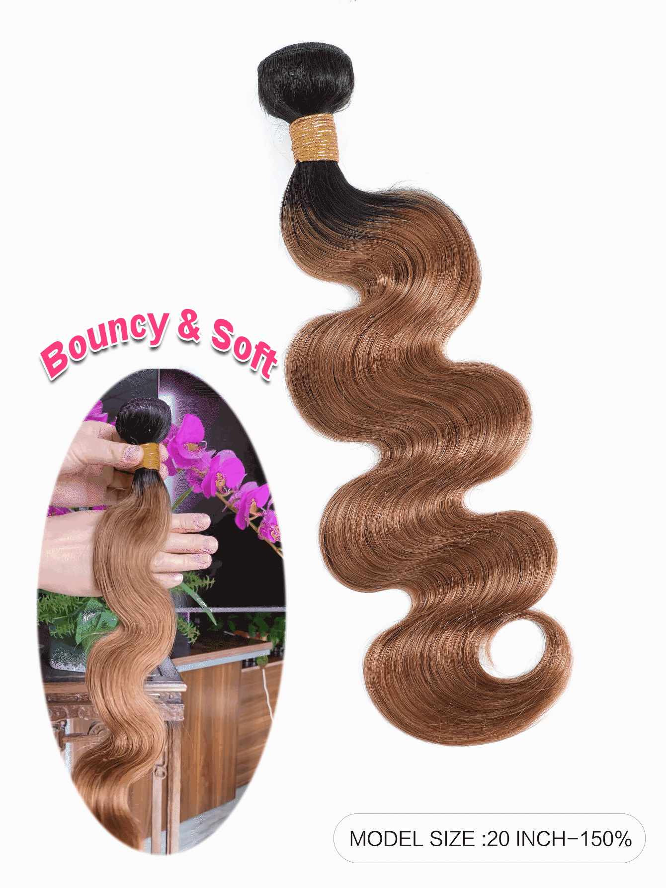 1入組身體波狀灰漸染人髮捆100％未經處理的處女人髮編織雙層織物2色調1B / 30＃，女性適用 - SNATURAL/30 - 查看 2