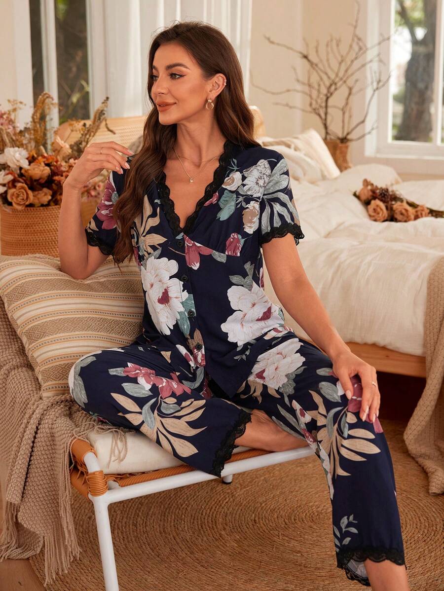Serenescape Women's Fashionable Elegant & Romantic Floral Lace Pajama Set Holiday Season - Multicolor - View 1