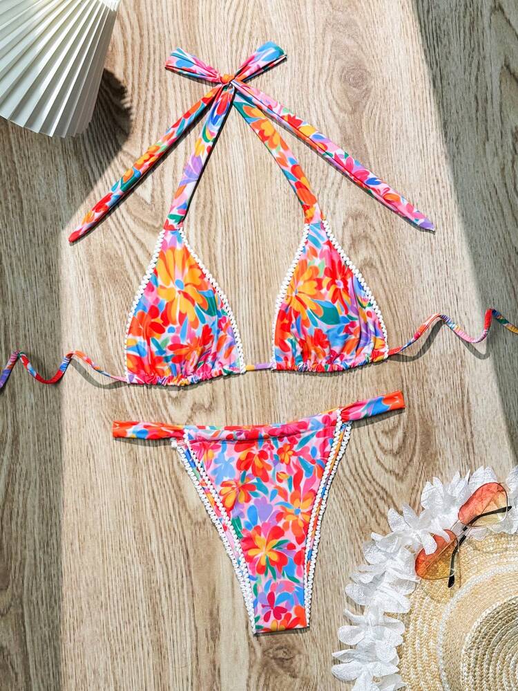 Women's Vacation Floral Print Halter Strap Sexy Bikini Set, Printed(Random),Summer Beach