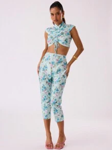 MUSERA 蕾丝七分裤，适合夏季度假，Y2K 90年代风格，伊比沙岛、假日、夜店、节日时尚优雅之选 - 藍色 - 查看 3