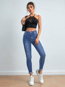 SHEIN PETITE Pantalones vaqueros de mezclilla ajustados y cepillados de unicolor de moda para mujer - azul real - Ver 4