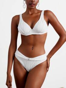 SHEIN Swim Summer Ladies Vacation Plain Textured Bikini Set With Underwire