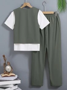 SHEIN Tween Boy Fashionable Vest Top, T-Shirt And Long Pants Elegant 3pcs Outfit