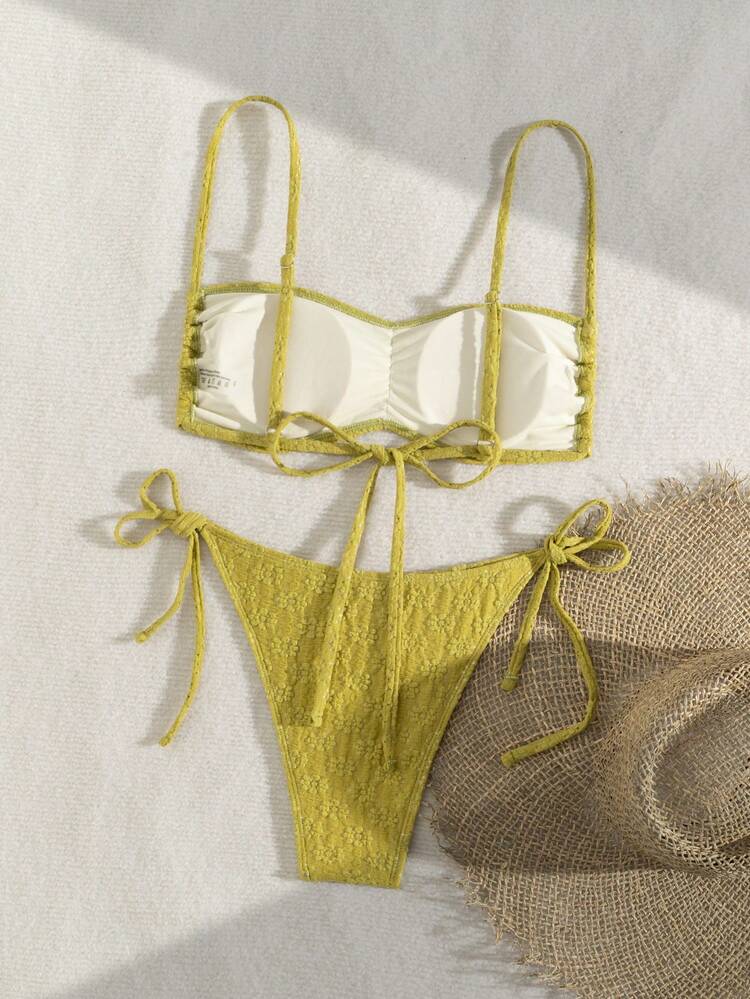 Women Floral & Dark Striped Lace-Up Thong Bikini Set, Vacation Beachwear,Summer Beach