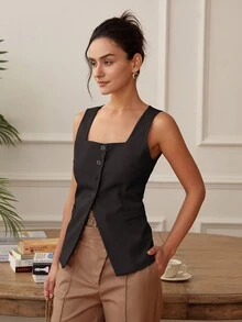 Damen Quadratisch Neck Kurzarm Knopf Vorne Split Saum Figurbetonte Lässig Trägertops, Oldmoney Crop Tops, Rückenfrei Business Lässig Westen, Frühling & Sommer