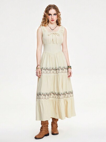Fairycore Women's Washed Linen Embroidery Long Cottagecore Dress