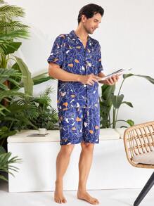 Conjunto de ropa de casa para hombre de manga corta y pantalones cortos con estampado aleatorio