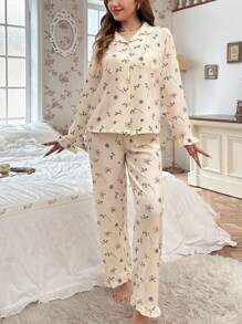 CottageSlumber Floral Pattern Shirt And Pants With Lace Detailing Pajama Set Holiday Season Bountiful Floral Splendor, Fall Winter Clothes Cozy And Elegant Details - Apricot - View 4