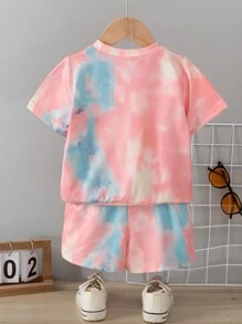 年輕女孩夏季條紋短袖T恤和短褲套裝，帶字母印花2件套 - 彩色 - 查看 2