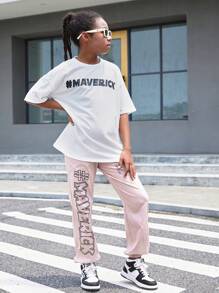 SHEIN Tween Girl Loose Round Neck Short Sleeve Letter T-Shirt And Drawstring Long Pants Casual 2pcs Outfit