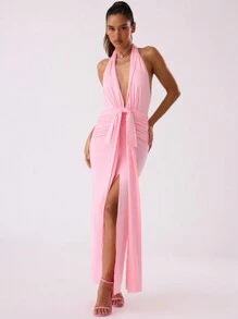 MUSERA Tie Front Ruched Plunge Maxi Dress Spring Summer Vacation Prom Ibiza Fits
