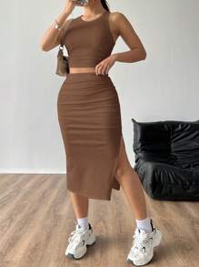 SHEIN EZwear 女士夏季兩件套裝：純色無袖圓領上衣＆百褶分裙 - 棕色 - 查看 5