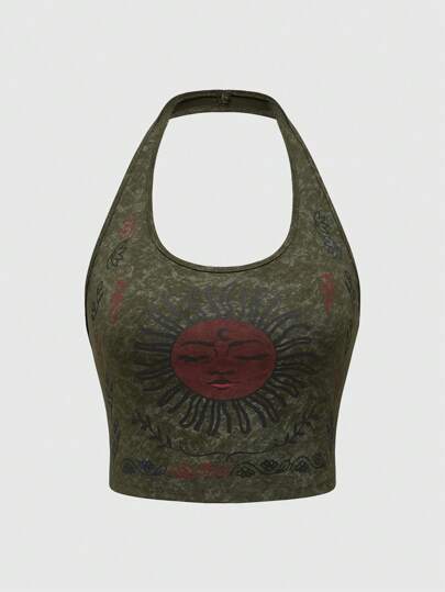 Hippie Boho Style Snow Washed Halter Neck Tank Top For Women