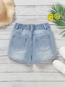 Tween Girl Embroidered Denim Shorts - Medium Wash - View 2