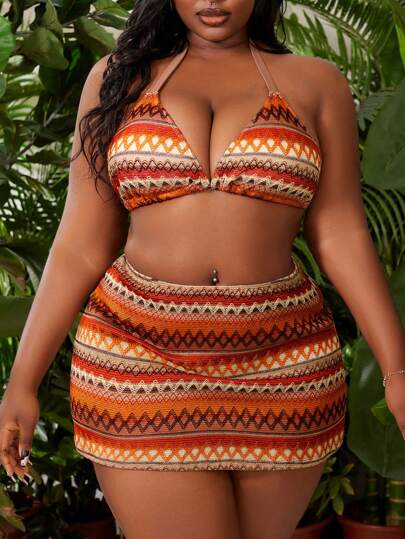 SHEIN Slayr CURVE Plus Size Women Fashionable Bohemian Style Bikini Swimwear Bikini Set For Summer Beach