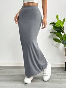 SHEIN EZwear 女士黑色针织紧身及膝裙 - 灰色 - 查看 6