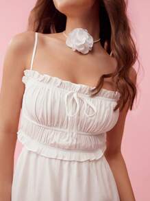 Enchnt Đầm maxi nữ thanh lịch, kiểu dáng thường ngày, màu trắng, chất liệu vải voan và xếp nếp, thích hợp cho mùa hè, kiểu Hawaii, tốt nghiệp. - trắng - Xem 8