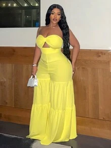 Slaydiva Plus Size Solid Color Woven Strapless Jumpsuit With Twisted Knot And Wide Leg For Women, Holiday And Leisure