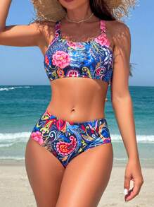 Swim Lushoire Women Random Printed Vest Tankini Set (3 Pieces) Summer - Multicolor - View 3