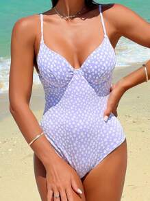 SHEIN Swim Floral Printed Special Fabric One-Piece Swimsuit With Spaghetti Straps And Underwire, Perfect For Pool Wear, Summer Beach - Mauve Purple - View 4