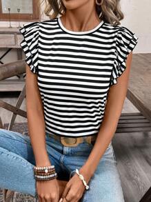 SHEIN Frenchy Women's Double Ruffle Short Sleeve T-Shirt, Black And White Striped Top, Embroidered Wavy Sleeves, Ideal For Vacation And Daily Wear, French Elegance - Black - View 1