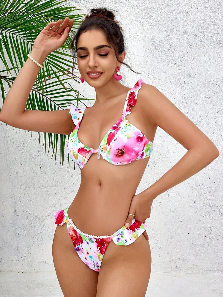 Summer Women's Floral Print Ruffled Sexy Bikini Set For Vacation (Random Print)
