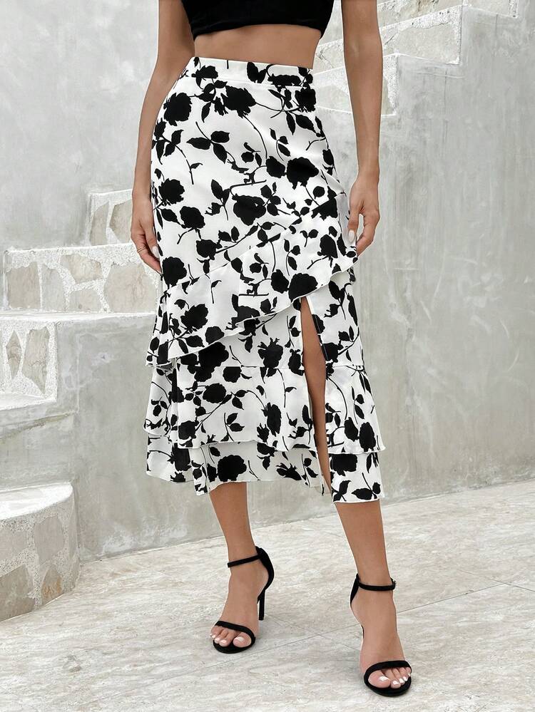 Women's Fashion Printed Ruffle Hem Asymmetrical Skirt