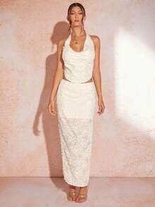 SHEIN BAE Women's Cream-Colored Jacquard Slit Skirt With Low Waistline And Extra Length, Ideal For Summer Vacations - Apricot - View 6