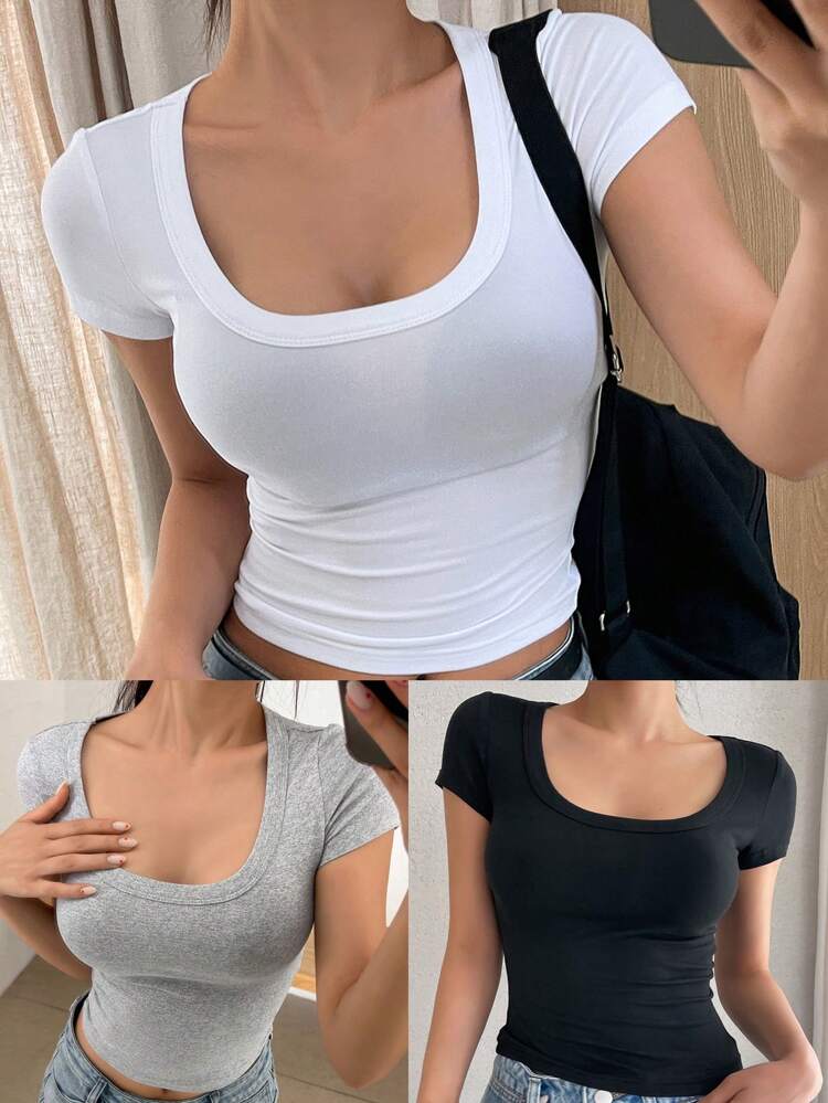 Women Basic Slim-Fit Short Sleeve T-Shirt With U-Neck In Multiple Colors Summer,Crop Tops Women