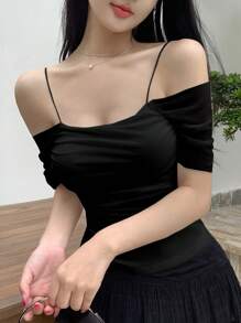 DAZY 女士夏季修身露肩纯色短袖T恤露肩上衣 - 黑色 - 查看 3