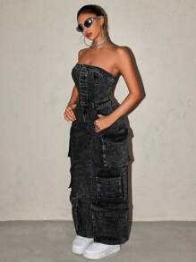 SHEIN ICON 女士口袋裝飾露肩牛仔連身褲 - 黑色 - 查看 1