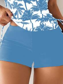 SHEIN Swim 夏季海滩女士植物印花吊带上衣和纯色泳裤休闲比基尼套装 - 淺藍色 - 查看 4