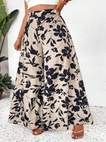 SHEIN Frenchy 大尺碼全印花寬腿夏季休閒長褲 - 卡其色 - 查看 4