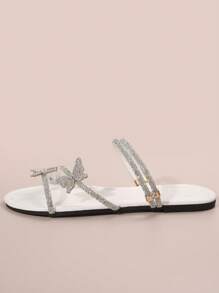 Sandalias para mujer de múltiples correas con lazo de diamantes de imitación multicolor, pueden llevarse dentro o fuera, zapatillas francesas de verano/otoño plateadas de moda - Blanco - Ver 3