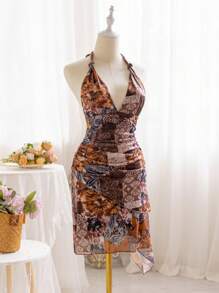 Soleia Patchwork Print Mesh Halter Neck Backless Vacation & Music Festival Slip Dress - Multicolor - View 3