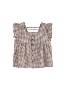 Casual Summer Gingham Check Ruffle Hem Shirt