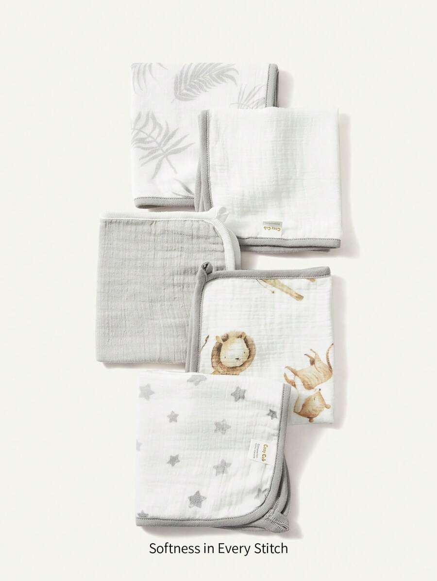 5件套 Oeko-Tex认证 Cozy Pixies 婴儿灰色多功能柔软棉纱布襁褓毯 - 彩色 - 查看 1