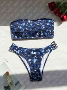 SHEIN Swim Bộ bikini hai mảnh in họa tiết Bandeau dành cho nữ, kỳ nghỉ hè trên bãi biển - Màu xanh hải quân - Xem 4