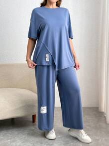 SHEIN Essnce 大码夏季蓝色 T 恤套装、夏季服装母亲节服装节日服装、夏季、夏季套装休闲夏季套装、短袖裤套装、家庭配套服装 - 藍色 - 查看 3