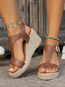 Sandalias de cuña con plataforma de paja tejida, con abertura en los dedos, cómodas y de estilo vintage europeo y americano para mujer, perfectas para el verano