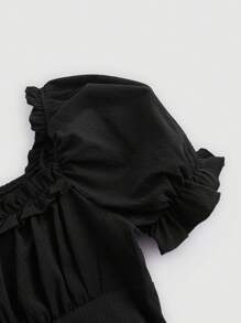 SHEIN MOD 复古白色方形领口泡泡袖不对称下摆女童连衣裙 - 黑色 - 查看 4