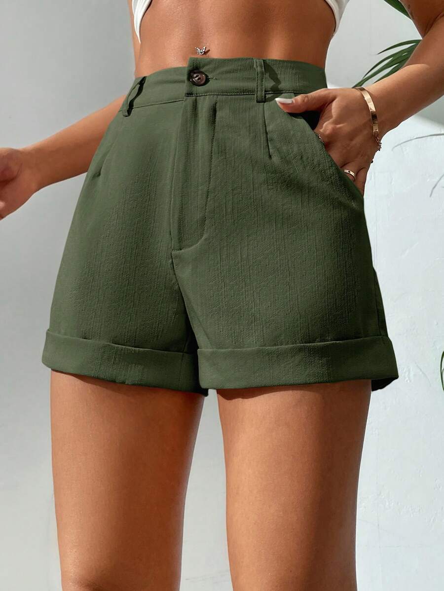 SHEIN PETITE Quần short ống rộng có túi xéo mùa hè đơn giản dành cho nữ - xanh quân đội - Xem 1