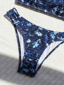 SHEIN Swim Bộ bikini hai mảnh in họa tiết Bandeau dành cho nữ, kỳ nghỉ hè trên bãi biển - Màu xanh hải quân - Xem 6