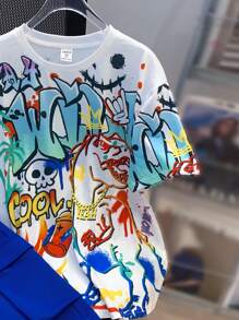 SHEIN Tween Boy Graffiti Pattern Short Sleeve T-Shirt And Cargo Shorts Set - Blue - View 5