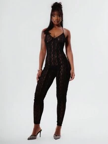 MUSERA Black Sheer Lace Jumpsuit Unitard, For Summer Sexy Club Spring Summer Vacation - Black - View 4