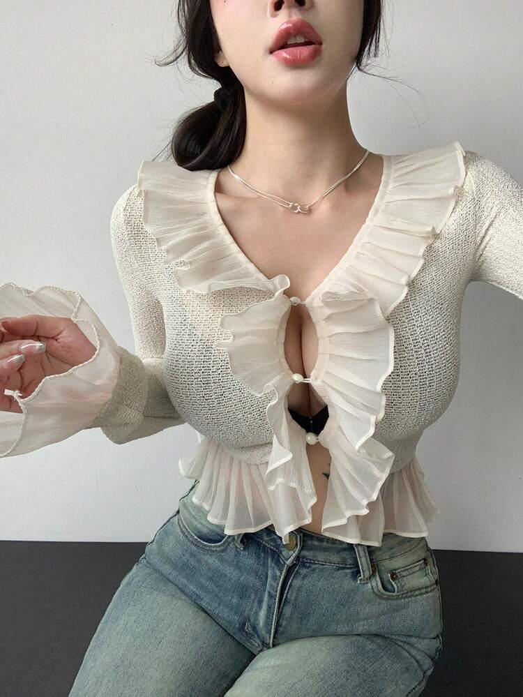 Women's Elegant Crop Sleeve Shirt With Ruffle Hem And Trumpet Sleeves For Spring/Summer,Fall Women Clothes Long Sleeve Top
