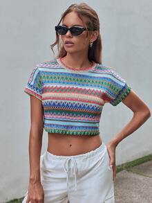 SHEIN EZwear Women's Short Sleeve Geometric Printed Crop Top T-Shirt For Summer