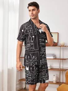 Conjunto de camisa de manga corta abotonada y pantalones cortos con estampado todo sobre hombre, ropa de ocio de verano - Negro - Ver 4